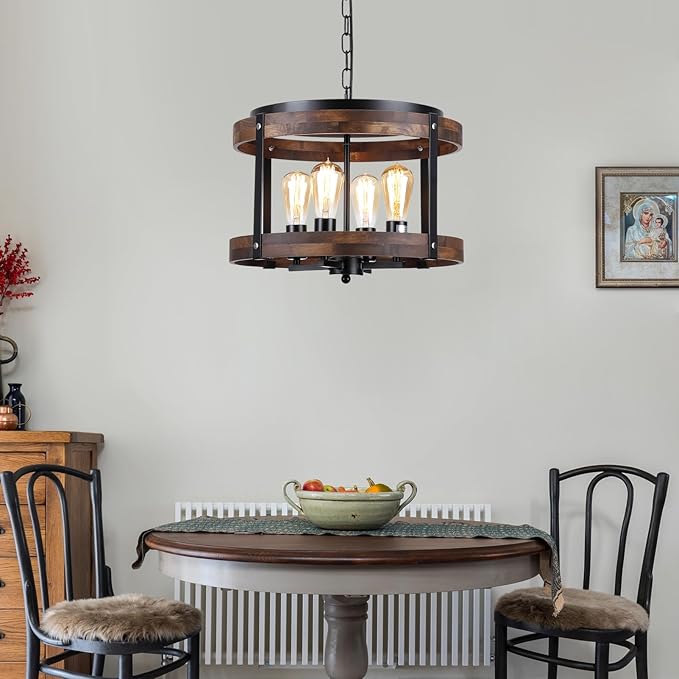 4-Light Large Rustic Farmhouse Wood Pendant Light Fixture with Adjustable Chain, 16.5 inch Oak Wood Drum Chandelier for Dining Room Kitchen Island Farmhouse Living Room Hallway, Black-Ruum Studio Home