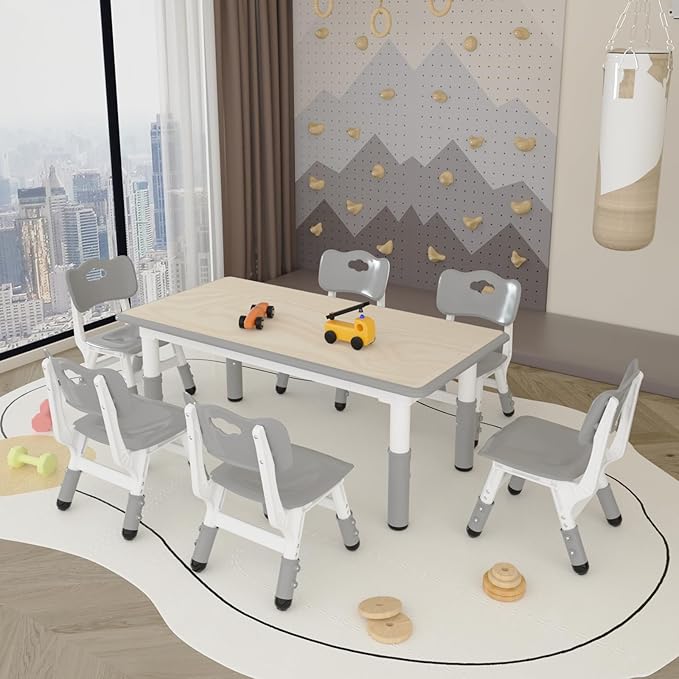 Kids Study Table and 6 Chairs Set,Height Adjustable Table and Chairs for Children and Toddlers,47.2"X23.6"Graffiti Desktop,Suitable for Daycare,Classrooms, Home-Ruum Studio Home