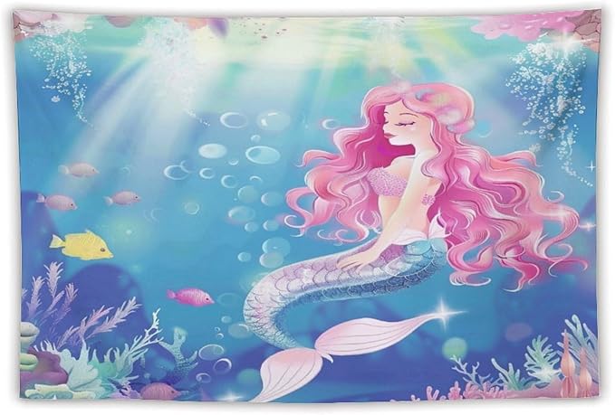 HZOHNAGO Mermaid Girls Tapestry Watercolor Mermaid Princess Pink Hair Pattern for Kids Room Decoration Printed Wall Tapestry Wall Hanging for Bedroom Living Room Dorm 90" W x 60" H-Ruum Studio Home