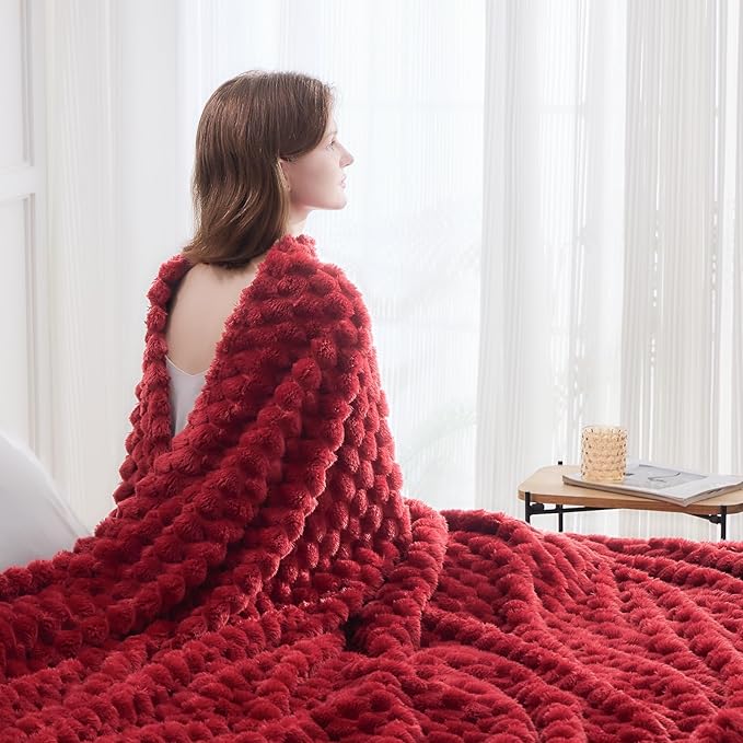 NEWCOSPLAY Super Soft Queen Blanket Red Premium Silky Flannel Fleece 3D Clouds Stylish Jacquard Lightweight Bed Blanket All Season Use 350GSM (Red, Queen(90"x90"))-Ruum Studio Home