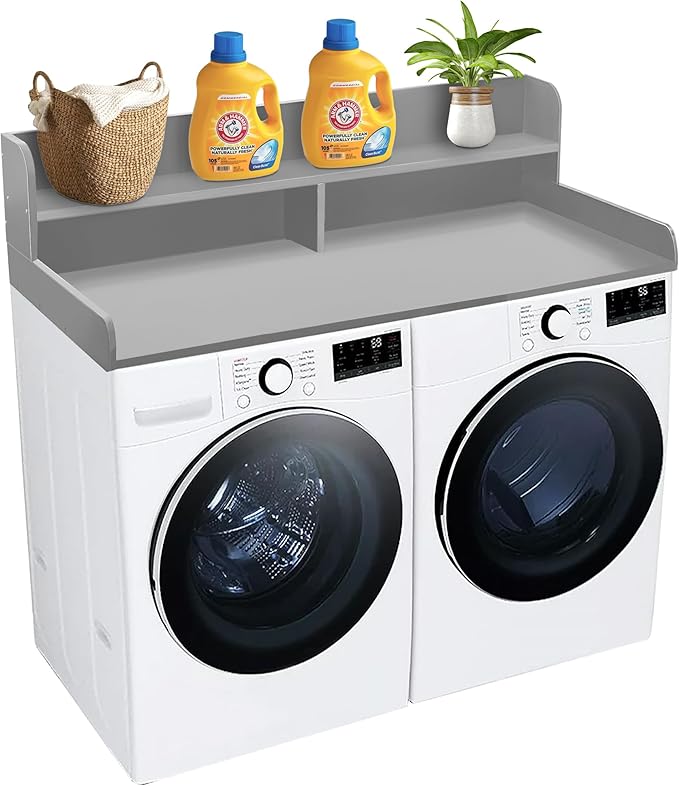 Royxen Laundry Countertop with 2-Tier Shelf Universal Fit, Washer and Dryer Countertop with Storage Space, Shelf Height 11.5 Inches, Solid Wood, Grey-Ruum Studio Home