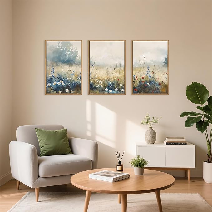 Nature Wildflower Framed Canvas Wall Art Set, Pastoral Landscape Wall Decor, Colorful Meadow Wall Painting, Rustic Floral Art Print for Living Room, Bedroom, Office - 16"X24"X3-Ruum Studio Home