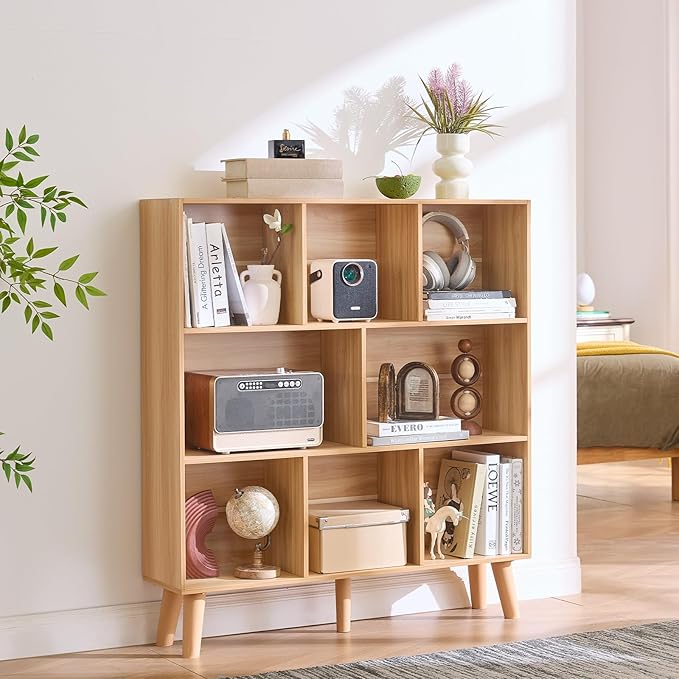 LEYAOYAO Wooden 8 Cube Book Shelf, Natural 3 Tier Bookshelf with Legs, Modern Open Storage Organizer,Boho Bookcase,Display Cabinet Shelf Free Standing Bookshelves for Bedroom,Living Room,Office-Ruum Studio Home