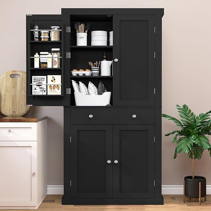 usikey 72” Kitchen Pantry Cabinet, Tall Storage Cabinet with 4 Doors and 1 Drawer, Freestanding Cupboard with 6 Hanging Shelves and Adjustable Shelves for Kitchen, Dining Room,Living Room, Black-Ruum Studio Home