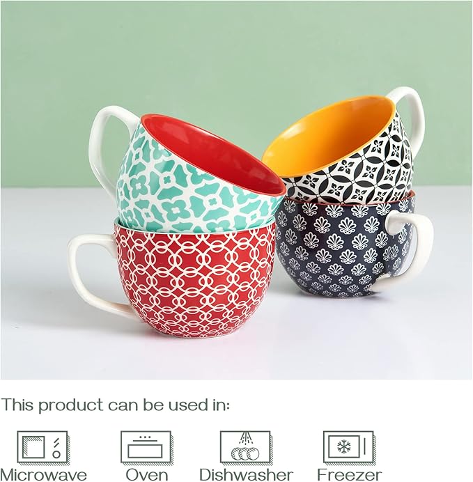 DOWAN Coffee Mugs Set of 4, 24 oz Large Coffee Mugs, Jumbo Soup Mugs With Handles, Ceramic Coffee Cups for Coffee Cereal Latte for Men Women, Housewarming Wedding Gift, Vibrant Colors-Ruum Studio Home