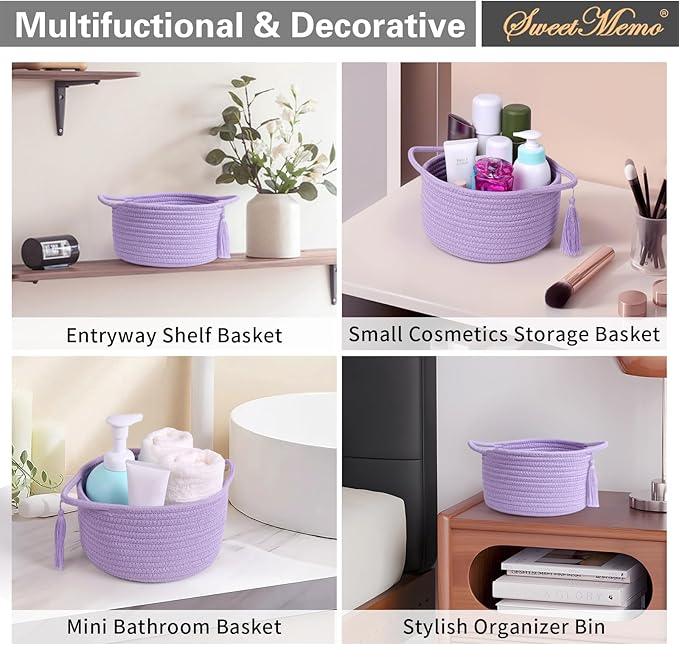 Empty Gift Basket - SweetMemo Mini Woven Rope Organizer Baskets for Baby Shower, Vanity, Makeup Brushes, Bathroom, Shelves, Desk - Small Decorative Storage Bins - Set of 2, Pre-Shaped, Lilac Purple-Ruum Studio Home