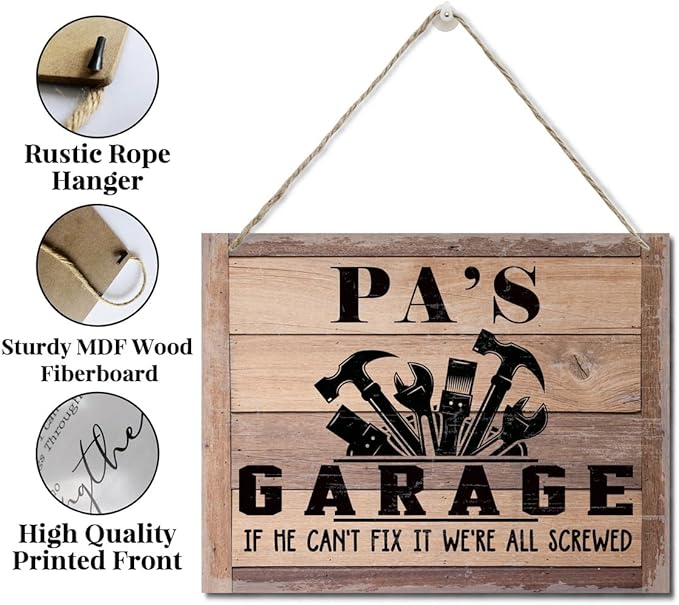Rustic Father's Day Gift for Dad, Grandpa - Pa's Garage Decor Hanging Wood Sign - If He Can't Fix It We're All Screwed - Vintage Printed Wall Art-Ruum Studio Home