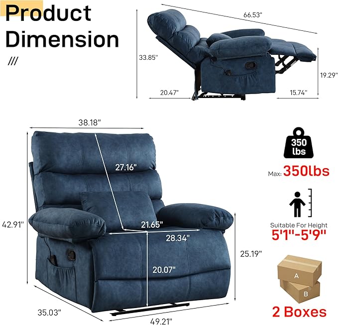 Oversized Recliner Chair Extra Wide Large Recliner for Adults 350lbs with Lumbar Support Pillow Nursery Chair Living Room (Manual, BLUE-6002)-Ruum Studio Home