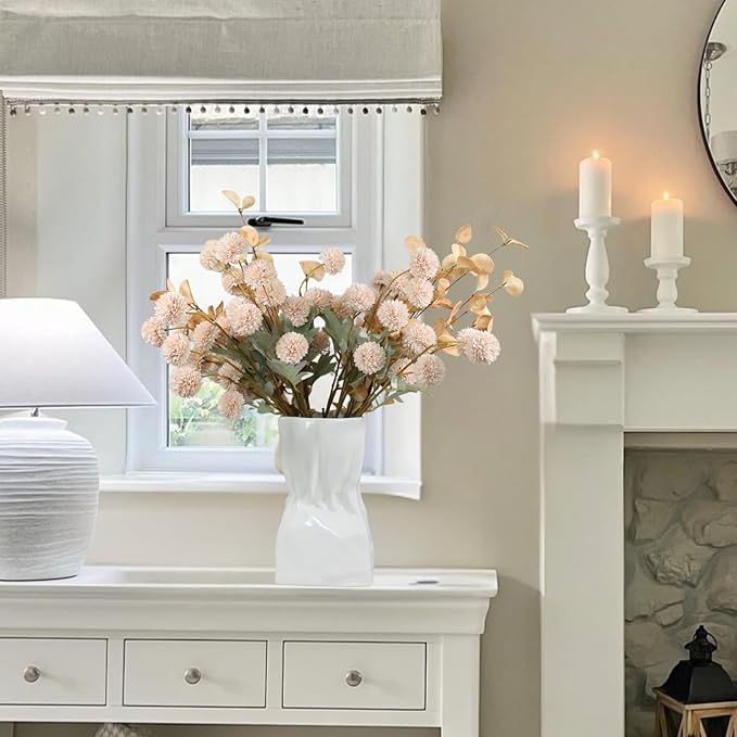 Beige Fake Flowers Silk 10 Stems With Eucalyptus, Faux Flowers For Vase, Artificial Mums Long Stem, Mini Faux Mums Flower Bulk, Tan Nude Cream Neutral Floral, Chrysanthemum Pom Pom Floral Arrangements-Ruum Studio Home