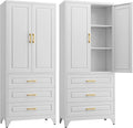 75" Kitchen Pantry Cabinet with 3 Drawer,Metal Storage Cabinets with Doors and 4 Adjustable Shelves,White Kitchen Cabinet with 2 Gold Handles,Food Cupboard for Livingroom,Pantry, Bathroom-Ruum Studio Home