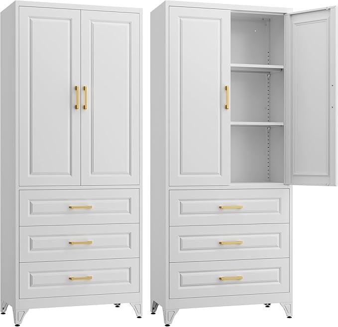 75" Kitchen Pantry Cabinet with 3 Drawer,Metal Storage Cabinets with Doors and 4 Adjustable Shelves,White Kitchen Cabinet with 2 Gold Handles,Food Cupboard for Livingroom,Pantry, Bathroom-Ruum Studio Home