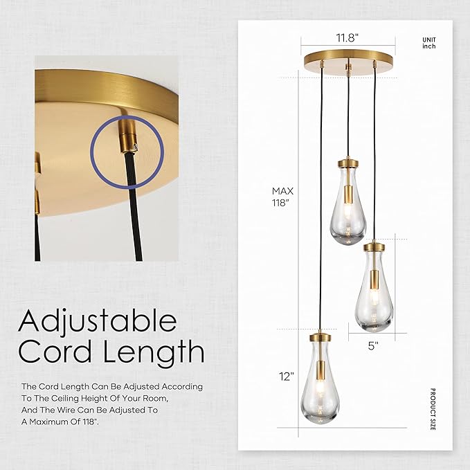 3-Light Raindrop Pendant Light Fixtures, Brass Glass Pendant Lighting, Teardrops Modern Hanging Light for Entryway Foyer Kitchen Island Dining Living Room Hallway-Ruum Studio Home