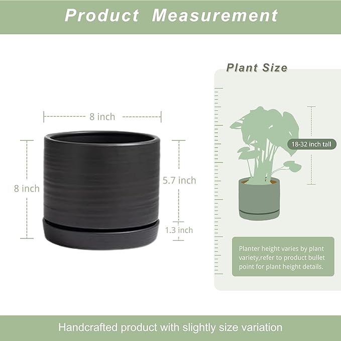 8 Inch Pots for Plants, Ceramic Planter Pot with Drainage Hole & Saucer, Indoor/Outdoor Cylinder Round Planter Pot, Matte Black-Ruum Studio Home