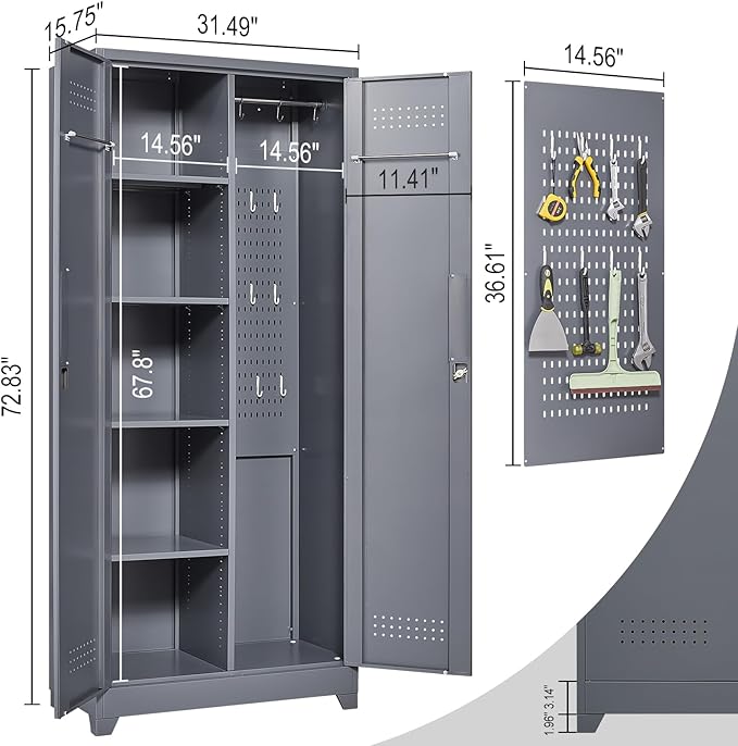 Lockable Storage Cabinet,Utility Closet with Doors and Shelves,SteelGarage Cabinet with Adjustable Shelves for Home,Garage,Gray-Ruum Studio Home