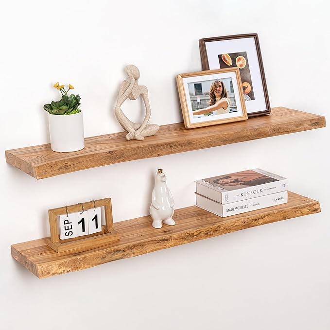 RICHFOCUS Live Edge Elm Floating Shelves - 40" W x 9.3" D Rustic Solid Wood Wall Shelves with Invisible Bracket, Wall-Mounted for Living Room, Bedroom, Kitchen Storage & Display, Set of 2, Natural-Ruum Studio Home