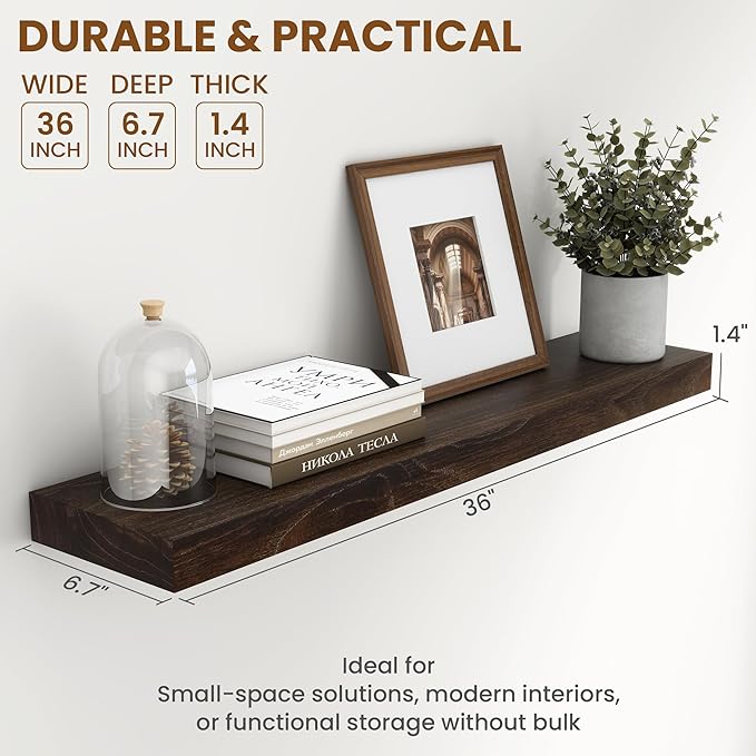 36 Inch Floating Shelves for Wall, Rustic Elm Wood Shelf for Home Decor, Heavy-Duty Wooden Floating Shelves for Kitchen, Wall Mounted Storage Shelves for Bathtoom, Living Room, Walnut Color, Set of 2-Ruum Studio Home