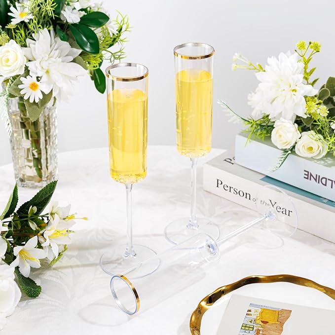 Ciaell 24 Pack Plastic Champagne Flutes - 6Oz Gold Rim Disposable Champagne Glasses - Square Clear Plastic Toasting Glasses for Party Birthday Anniversary Wedding-Ruum Studio Home