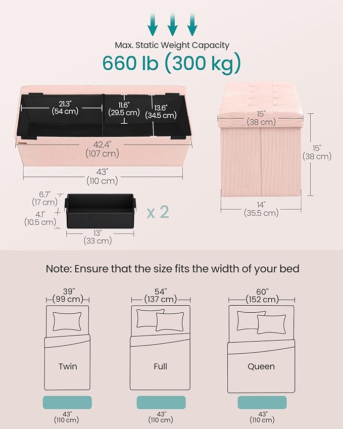 SONGMICS MAZIE Collection - Storage Ottoman Bench, Foldable Foot Rest, 15 x 43 x 15 Inches, End of Bed Bench, Storage Chest, Load 660 lb, Living Room, Bedroom, Entryway, Jelly Pink ULSF604R01-Ruum Studio Home