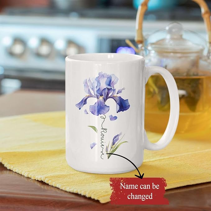 Customized Iris Flower Lover Cup, Custom Name Flower Ceramic Mug, Novelty Flower Themed Accent Cup 11oz 15oz, Personalized Iris Design Coffee Mug, Gift For Girlfriend Women-Ruum Studio Home