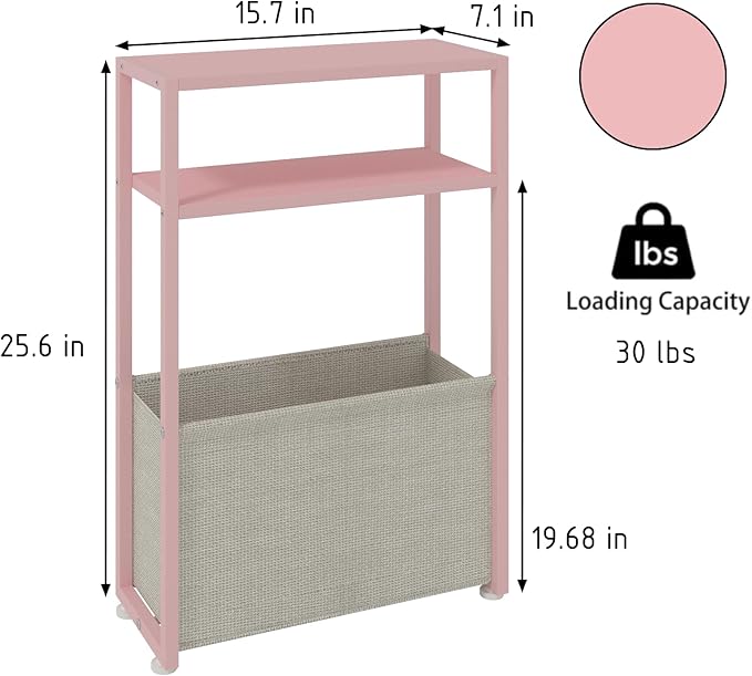 Narrow Side Table, Slim End Tables with Fabric Basket, Skinny Table for Small Spaces, Thin Bedside Table for Living Room, Bedroom (1, Jelly Pink + Cream White)-Ruum Studio Home