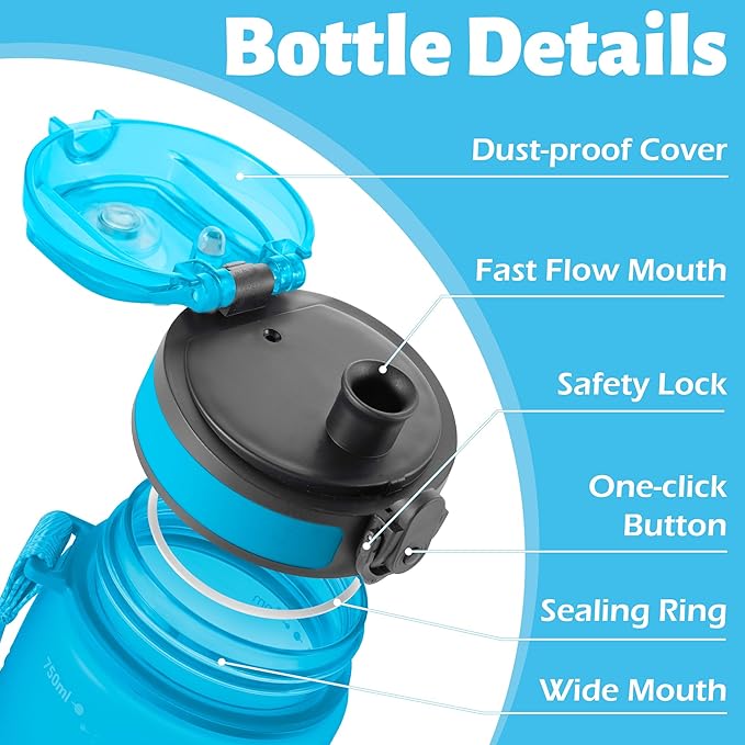 OLDLEY 25 oz Water Bottle, Motivational Water Bottle with Time Marker, Sports Water Bottle With Strap, Leakproof & BPA Free Large Water Bottles for School, Gym, Travel, Outdoor, Tritan,Blue-Ruum Studio Home