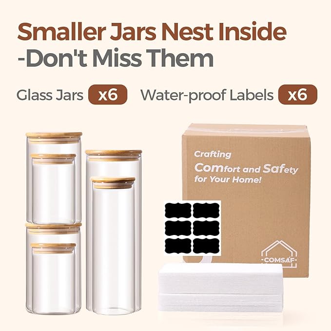 ComSaf Glass Food Storage Jars Set of 6, Clear Glass Storage Containers with Lids, Canisters Sets for the kitchen, Spaghetti, Pasta, Flour, Nuts, Oat, Coffee and Sugar Container, Pantry Organization-Ruum Studio Home