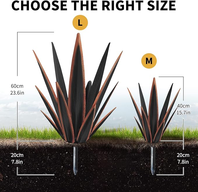 Large Tequila Rustic Sculpture, Rustic Metal Agave Plants for Outdoor Patio Yard, Home Decor Hand Painted Metal Agave Garden Yard Statue, Outdoor Lawn Ornaments Yard Stakes (Black -L)-Ruum Studio Home