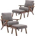 Wahson Set of 2 Mid Century Arm Chairs and Ottomans, Upholstered Accent Armchair with Wood Frame and Canvas Cushions, Leisure Slipper Chair for Living Room/Bedroom, Grey-Ruum Studio Home