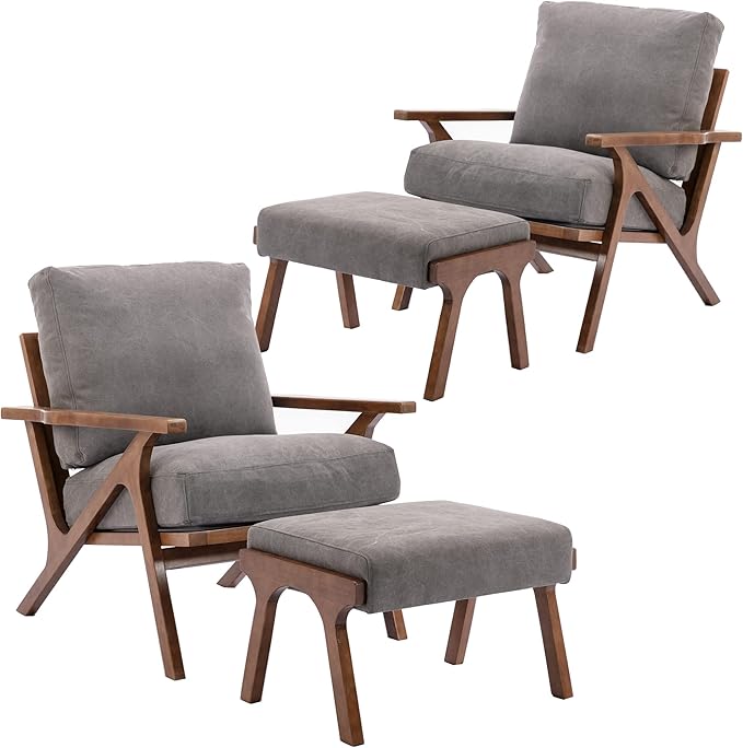 Wahson Set of 2 Mid Century Arm Chairs and Ottomans, Upholstered Accent Armchair with Wood Frame and Canvas Cushions, Leisure Slipper Chair for Living Room/Bedroom, Grey-Ruum Studio Home