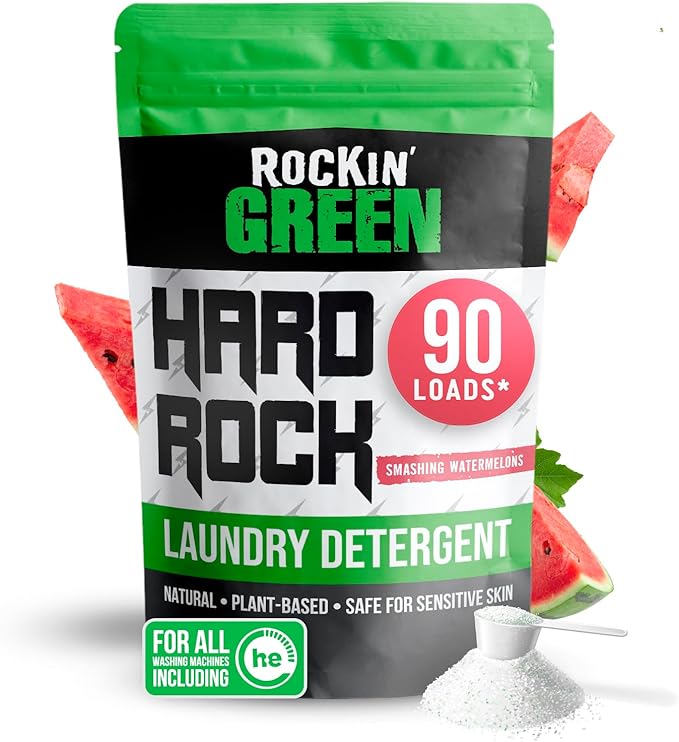 Rockin' Green Hard Rock Laundry Detergent for Hard Water (90 Loads), Plant based, Natural Laundry Detergent Powder, Biodegradable Odor Fighter, Safe for Sensitive Skin, 45 oz (Smashing Watermelons)-Ruum Studio Home