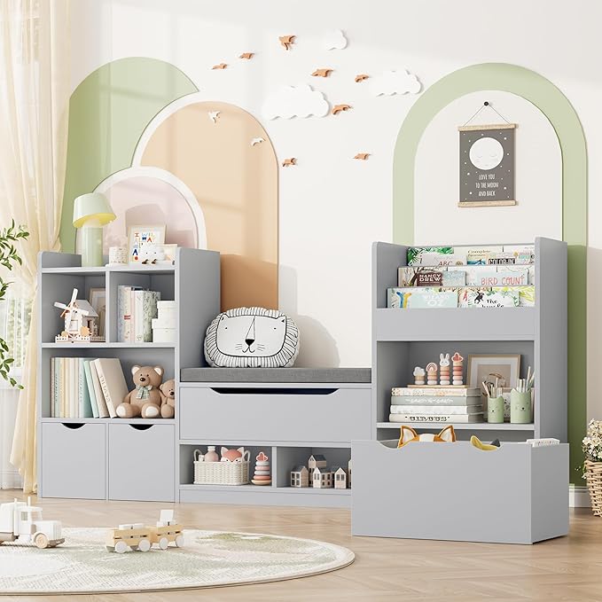 FOTOSOK 72” Kids Bookshelf with Reading Nook, Large Toy Storage Organizer with Seat Cushion and 3 Movable Drawers, Kids Reading Nook Toy Organizers and Storage with Bench for Living Room, Grey-Ruum Studio Home