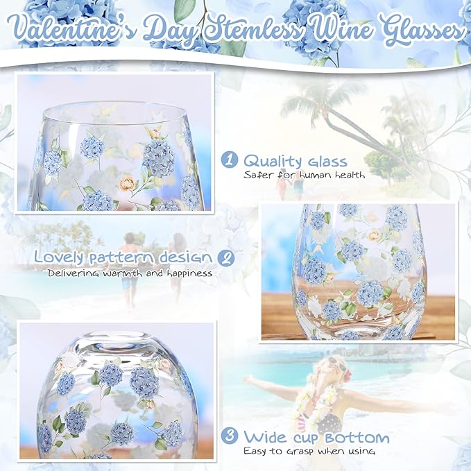 Sliner 2 Pack 17oz Hydrangea Stemless Wine Glasses Spring Summer Floral Drinking Glasses Hydrangea Tumbler Cups for Spring Summer Parties Supplies Birthday Gift-Ruum Studio Home