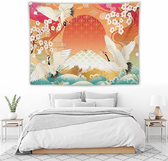 HZOHNAGO Japanese Tapestry Cherry Blossom Crane Sea Wave Fuji Mountain Red Sun Pattern Printed Wall Tapestry Painting Wall Hanging for Bedroom Living Room Dorm 80" W x 60" H-Ruum Studio Home