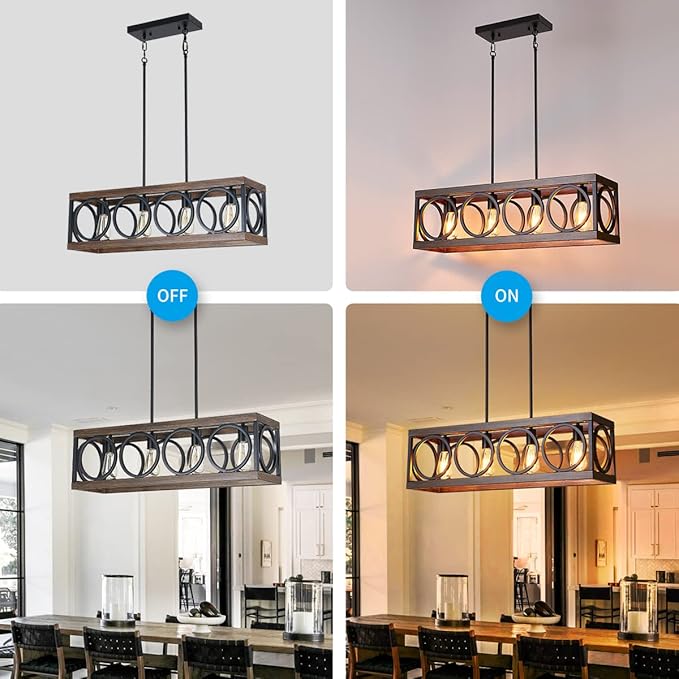XINGQI Black Kitchen Island Light Fixtures, Farmhouse Dining Room Chandelier Rectangular Linear Chandeliers Pendant Ceiling Light Fixture for Bar Office Coffee Shop 4-Light Wood Grain-Ruum Studio Home