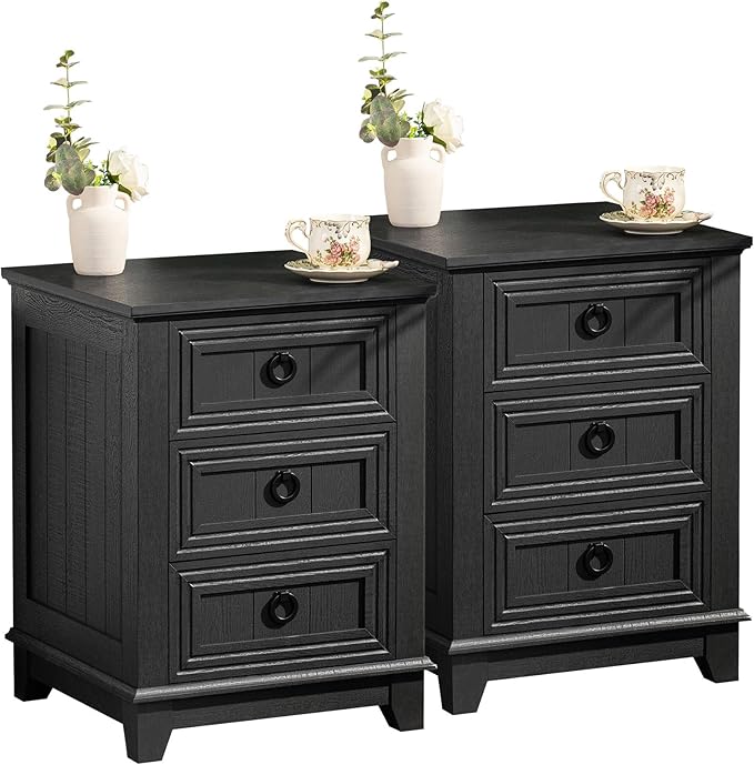 Farmhouse Night Stand Set of 2, 18" End Table with 3 Drawer Metal Handle, Dresser for Bedroom, Sofa Bed Side Table Chest of Drawers,Wood Nightstand Cabinet for Organizer, Living Room-Black-Ruum Studio Home