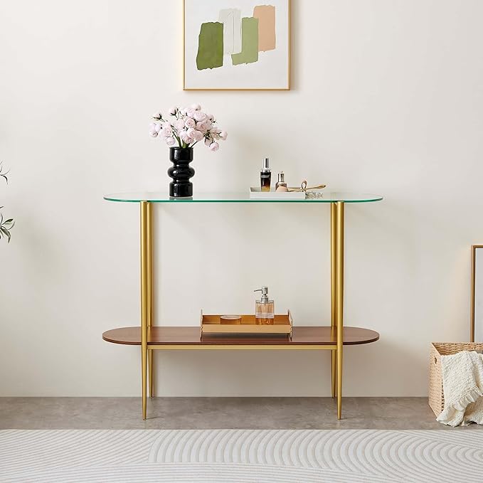 Oval Glass Console Table for Living Room, Foyer & Entrance, 2-Tiers Mid-Century Modern Sofa Table with Clear Glass Top, Walnut Finish Wood Shelf and Gold Finish Frame-Ruum Studio Home