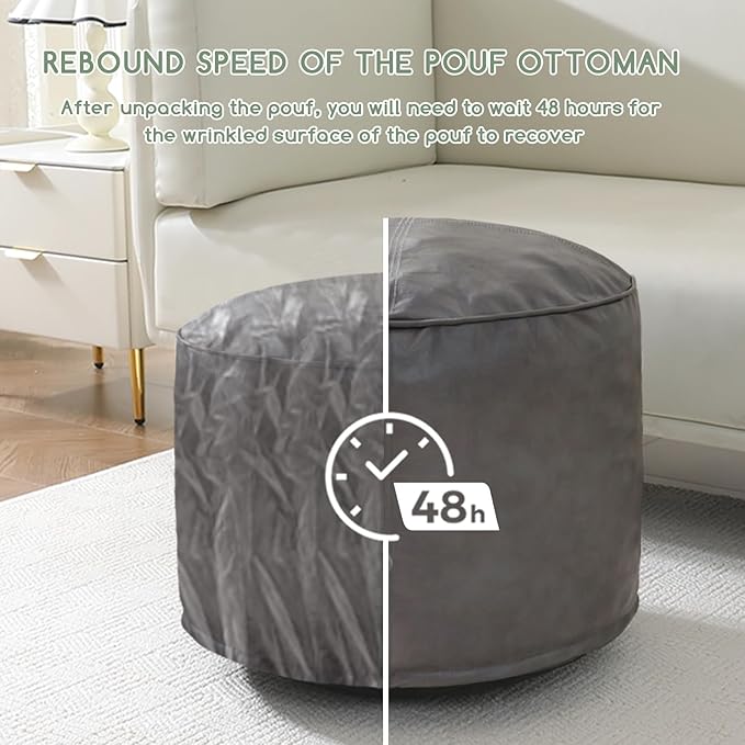 HIGOGOGO Round Stuffed Pouf Ottoman, Pu Leather Poufs with Foam Chunk Filling, Furry and Fluffy Pouf Foot Stool Storage Ottoman, 20 X 15 Floor Poufs Foot Rest for Living Room, Grey-Ruum Studio Home