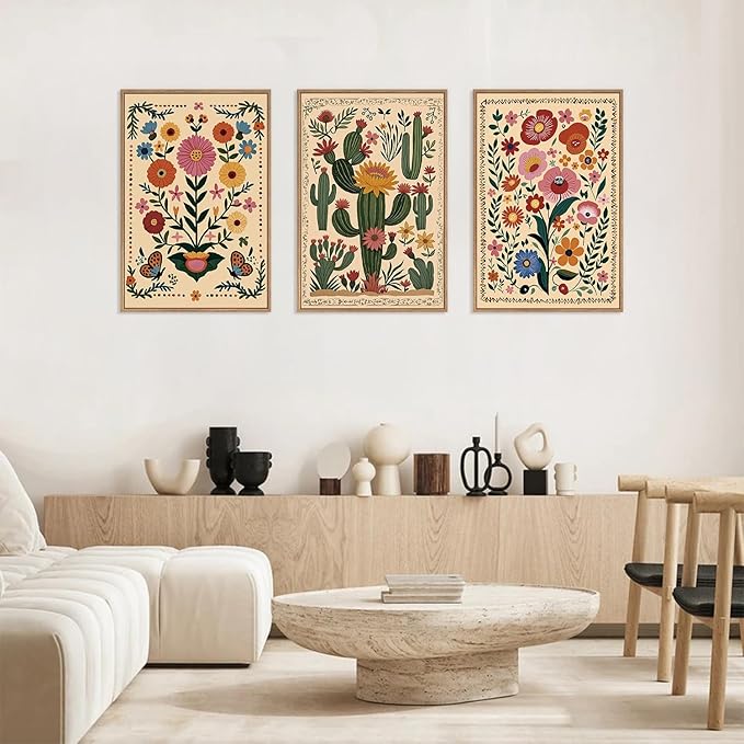 HLNIUC Vintage Flower Framed Canvas Wall Art,Colorful Desert Cactus Flower Wall Decor Set of 3(16”x24”)Boho Botanical Floral Butterfly Wall Painting,Large Desert Plant Art Print for Living Room,Office-Ruum Studio Home