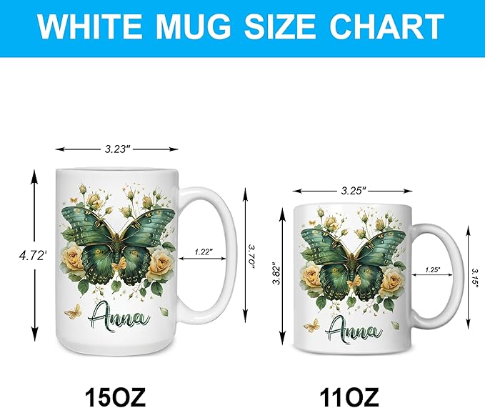 Hyturtle Personalized Floral Butterfly Mug - Butterfly Gifts For Women Lovers - Animal Gift For Bird Lover Her - Bird Gifts For Mom on Mother Day - Custom Name Coffee Cup Ceramic Mug 11 Oz 15 Oz-Ruum Studio Home