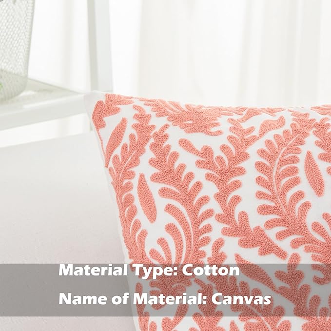 HWY 50 Coral Pink Decorative Throw Pillow Covers 18x18 Inch (1 Piece), Embroidered Cotton Farmhouse Cushion Cover Pillow Case for Sofa Couch Living Room Bed Bedroon, Floral Branches-Ruum Studio Home