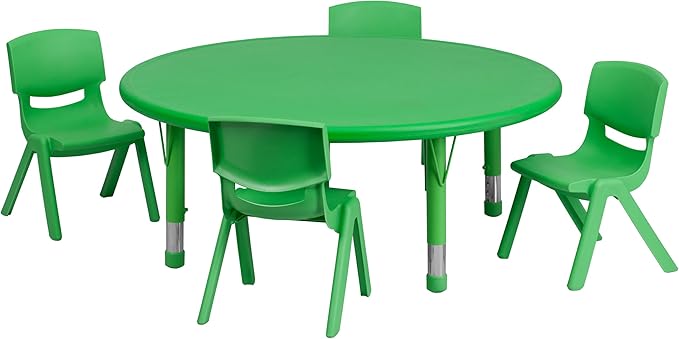 EMMA + OLIVER 45" Round Green Plastic Adjustable Activity Table Set-4 Chairs-Ruum Studio Home