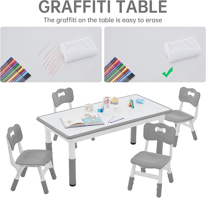 Kids Study Table and Chairs Set, Height Adjustable Toddler Table and Chair Set for Kids Ages 3-8, Graffiti Desktop (Grey)-Ruum Studio Home