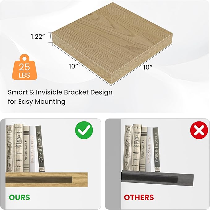 Square Floating Shelves for Wall, 10" W x 10" D x 1.2" H, Small Wooden Wall Mounted Display Shelves with Invisible Brackets for Living Room, Bedroom, Bathroom, Kitchen Decor, Set of 4, Oak-Ruum Studio Home