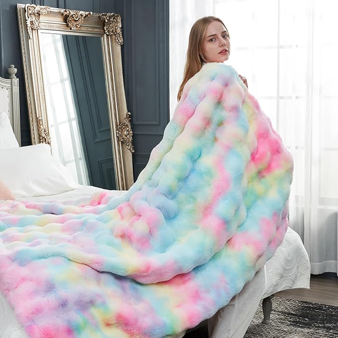 Cozy Bliss Faux Fur Throw Blanket for Couch, Fuzzy Soft Plush Thick Bubble Blanket for Sofa Bedroom Living Room,50 * 60 Inches Tie-dye Rainbow-Ruum Studio Home