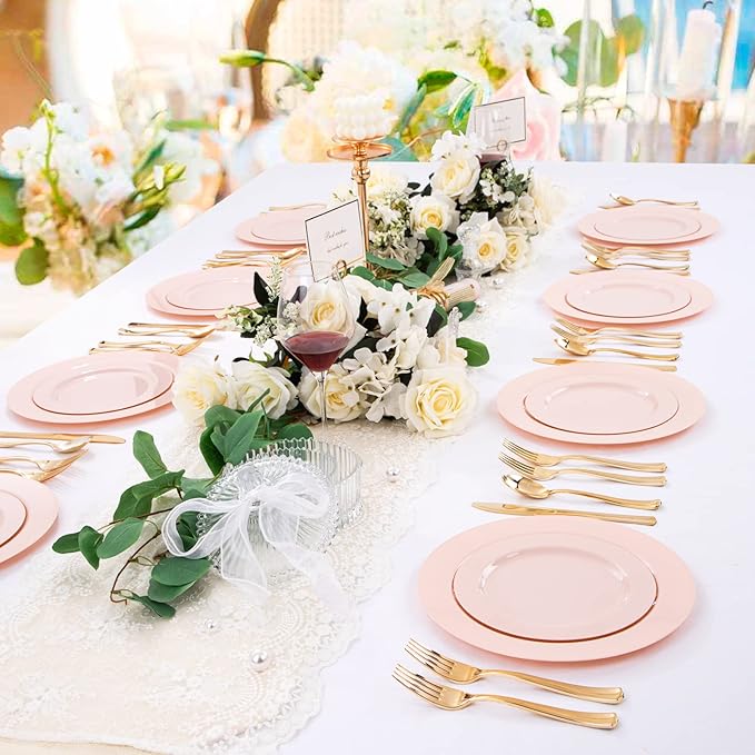 FLOWERCAT 60PCS Pink Plastic Plates - Heavy Duty Pink Plates Disposable for Party/Mother's Day/Wedding - serving 30 guests Include 30PCS 10.25inch & 30PCS 7.5inch-Ruum Studio Home