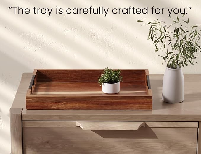 Acacia Wood Serving Tray with Metal Handles,17x12in Ottoman Decorative Trays Platter for Coffee Table,Living Room,Bar,Party(Large)-Ruum Studio Home