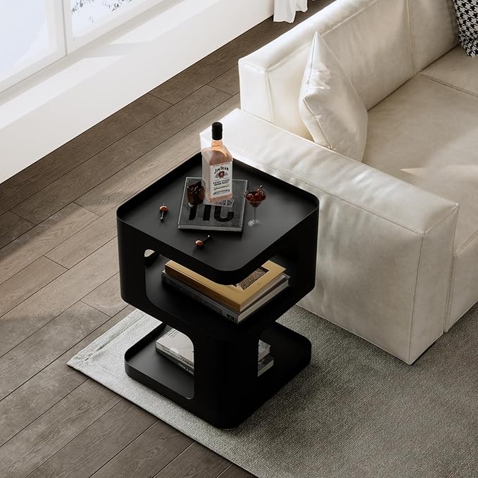 Side Table,Modern end Table,Unique nightstand,Bedside Table,Black Metal Night Stand with Storage,Accent Side Table for Couch,Bedroom,Living Room.No Assembly Required-Ruum Studio Home