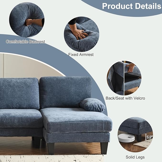 Karl home U-Shape Sectional Sofa Couch 111" Modern 4-Seat Sofa with Chaises Chenille Fabric Upholstered Covertible Couch with Wood Grain Legs for Living Room, Reception Room, Apartment, Navy Blue-Ruum Studio Home