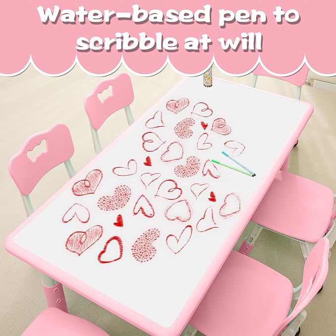 Children's Table and Chair Set Suitable for Boys and Girls Age 2-12 Height Adjustable Table top Can be Painted with 6 Seats Suitable for Family Learning Daily use (Pink)-Ruum Studio Home