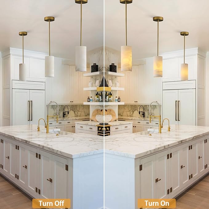Alabaster Pendant Light Kitchen Island, H-9.5in Brass Pendant Light Fixtures with Natural Marble Shade, Adjustable Ceiling Pendant for Dining Room, Living Room, Bedroom & Bathroom-Ruum Studio Home